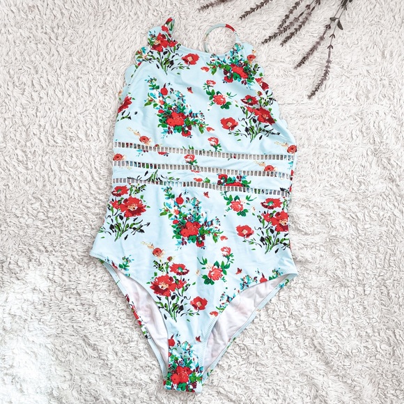 Cupshe Halter Scalloped blue and red floral one piece swimsuit w/ see thru mid - Picture 1 of 6